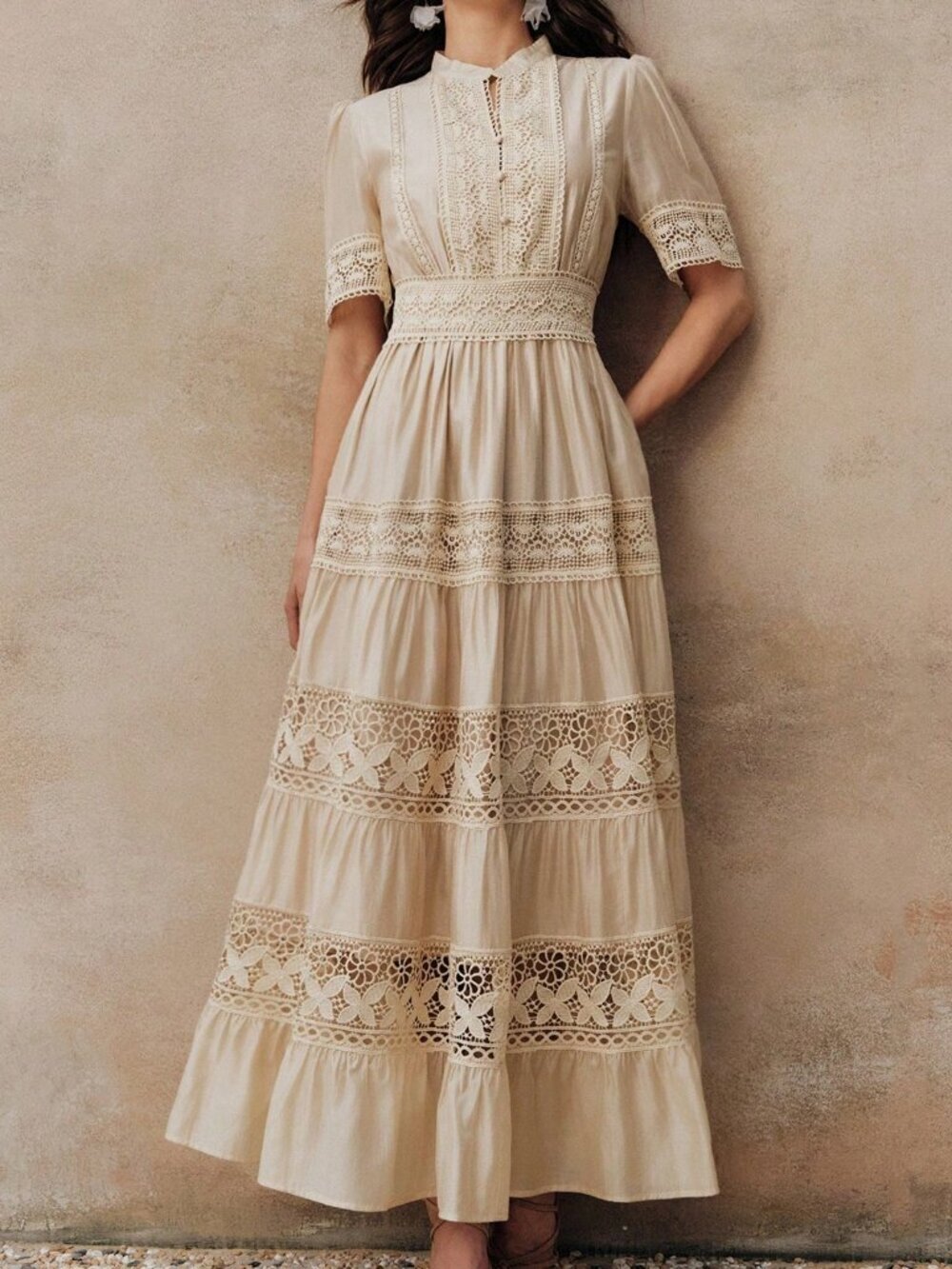 Apricot Boho Women's Elegant Lace Patchwork Dress - Picture 3 of 6
